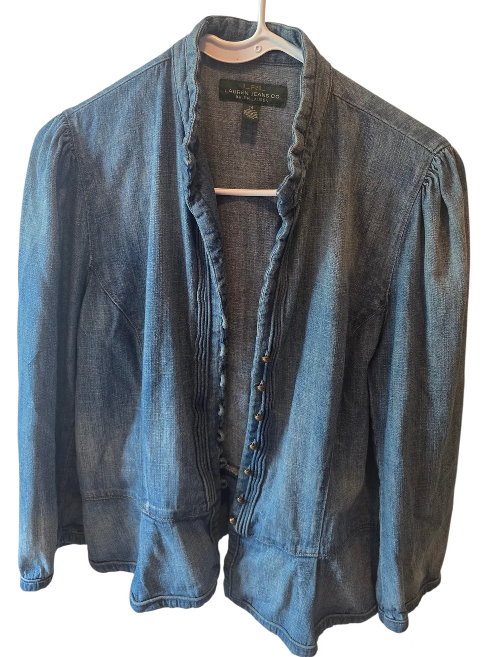 Lauren Ralph Lauren Button Front Peplum Denim Top Size 14 - Picture 3 of 7